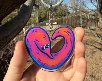 Worm On A String heart acrylic charm keychain - Double sided - 2.5 inch