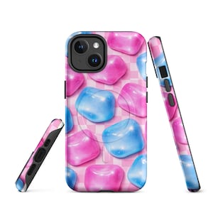 Funda rosa a cuadros para iPhone, diseño de burbujas blanditas, protección resistente MagSafe.