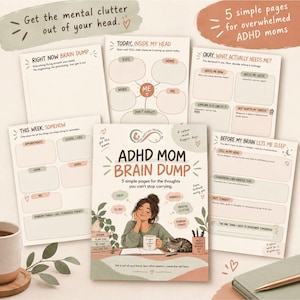 Pode incluir: Um conjunto de cinco páginas de planejamento impressas intituladas ADHD Mom Brain Dump, com seções para notas, tarefas diárias, horários semanais e preparação para dormir, incluindo textos, caixas para escrita e uma ilustração central.