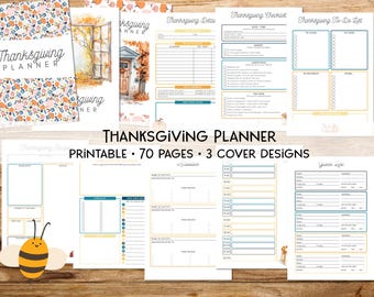 Printable Thanksgiving Planner Bundle Watercolor Fall Planning Kit Event & Gathering Organizer 3 Cover Designs Bonus Matching Placecards