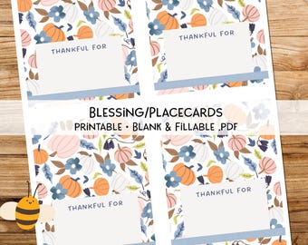 Fall Wedding & Family Dinner Printable Thanksgiving Blessings Place Cards Tent Fold Friendsgiving Table Decor Fillable Download