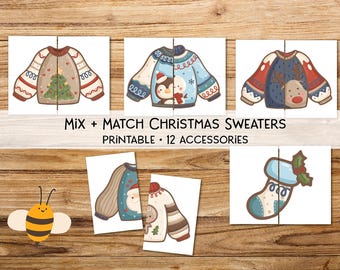 Printable Matching Christmas Sweaters, 12 Cards,Winter Activity for Kids, Toddler Activity, Homeschool Resource, Montessori, Sensory Table