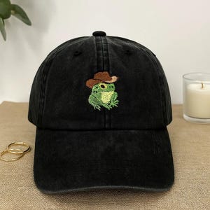 Frog Cowboy Hat Embroidered Cap, Funny Animal Wash Hat, Cute Frog Dad Hat, Nature Lover Baseball Cap, Gift for Him or Her