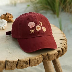 Seashell Embroidered Hat – Cute Beach Wash Hat or Summer Baseball Cap with Starfish and Shell Design, Coastal Aesthetic Vacation Gift
