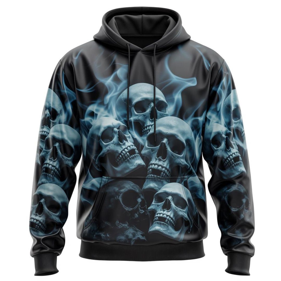 Blue Smoke Skull Hoodie, Gothic Skull Pattern Pullover, Dark Horror ...