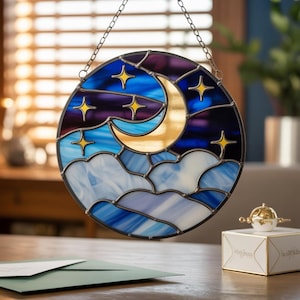 Celestial Stained Glass Window – Golden Crescent Moon with Bright Yellow Stars and Blue-Purple Night Sky