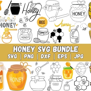 Op de afbeelding: Een verzameling illustraties met honingthema, waaronder potten, honingraten en bijen. De afbeelding bevat verschillende stijlen, van gedetailleerde tekeningen tot eenvoudige contouren, met de tekst "HONEY SVG BUNDLE" en afkortingen van bestandstypen.