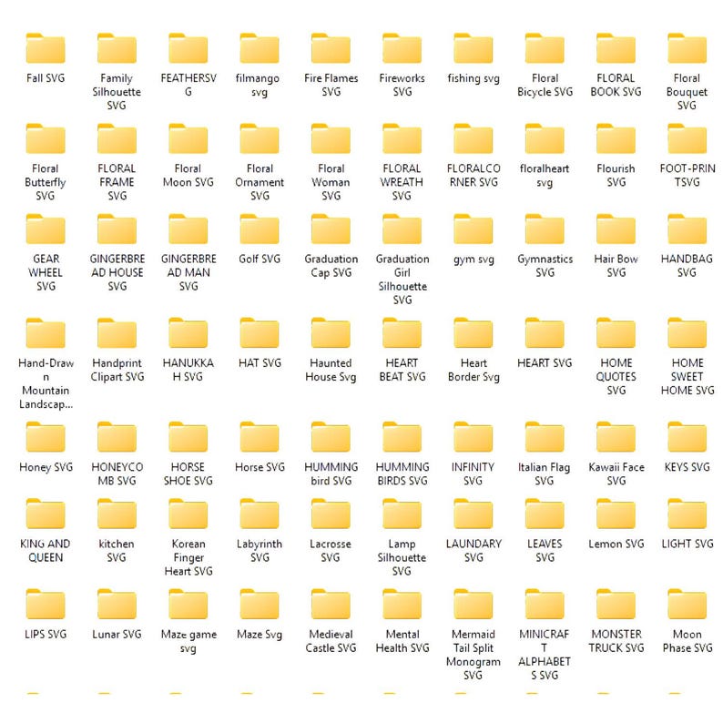 May include: A digital display of numerous yellow folder icons arranged in a grid, each labelled with text identifying various SVG design categories such as Fall, Floral, Graduation, Heart, Horse, Kitchen, and Moon, organised in alphabetical order.