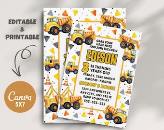 Construction Birthday Invitations, Construction Invitation, Dump Truck Party Invite, Printable Template, Outdoor Birthday Text Message