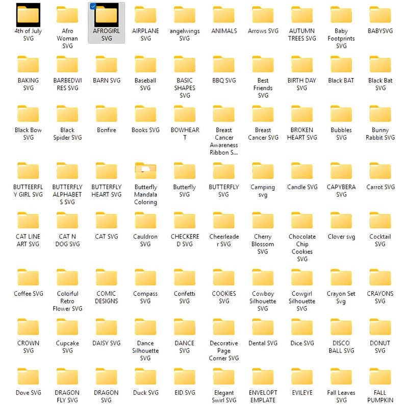 May include: A digital display of numerous yellow folder icons arranged in a grid pattern on a dark background. Each folder is labelled with text identifying various design themes such as animals, holidays, shapes, and objects for digital file organisation.