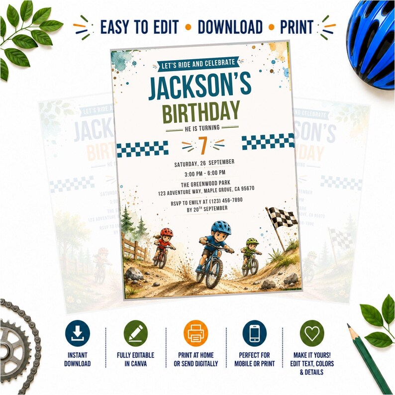 May include: A birthday invitation card featuring the text Let's Ride and Celebrate Jackson's Birthday, He is Turning 7, with details for Saturday, 26 September, 3:00 PM to 6:00 PM at The Greenwood Park, 123 Adventure Way, Maple Grove, CA 95670.