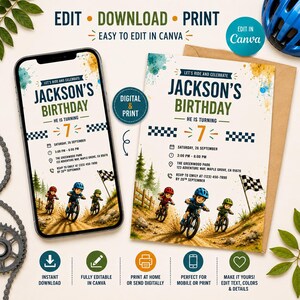 May include: A digital birthday invitation template featuring a mountain biking theme with three children on bicycles, a checkered flag, and the text Jackson's Birthday He Is Turning 7. The design includes watercolor accents and editable event details.