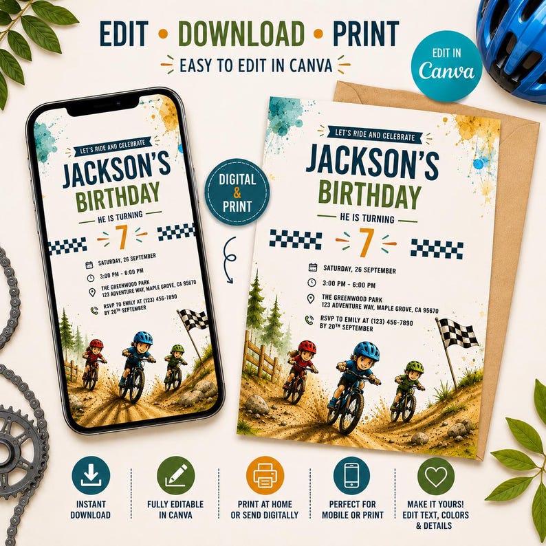 May include: A digital birthday invitation template featuring a mountain biking theme with three children on bicycles, a checkered flag, and the text Jackson's Birthday He Is Turning 7. The design includes watercolor accents and editable event details.