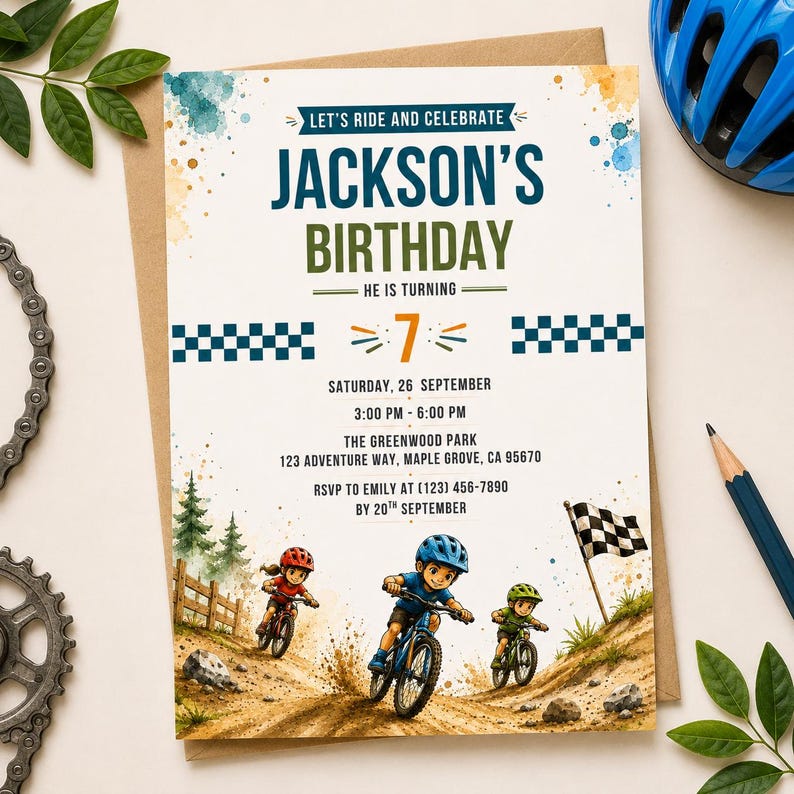 May include: A rectangular birthday invitation card featuring the text LET'S RIDE AND CELEBRATE JACKSON'S BIRTHDAY HE IS TURNING 7. The design includes watercolor illustrations of three children riding mountain bikes on a dirt trail with a checkered flag.