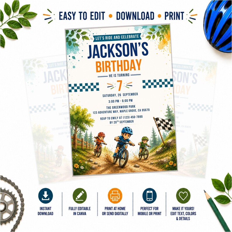 May include: A birthday invitation template featuring a mountain biking theme with three children riding bicycles on a dirt trail. The text reads: Let's Ride and Celebrate Jackson's Birthday, He is Turning 7, Saturday, 26 September, 3:00 PM - 6:00 PM.