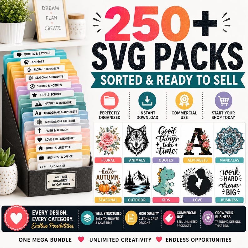 May include: A digital product bundle featuring 250+ SVG packs organised in a black file sorter with labelled tabs. The graphic displays categories like animals, floral, quotes, and mandalas, with text including 250+ SVG PACKS, SORTED & READY TO SELL.