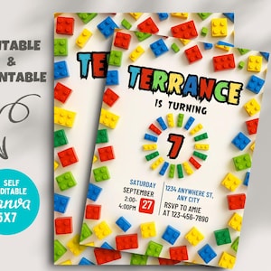 Building Blocks Birthday Invitation Template, Building Blocks Invitation, Building Block Party, Building Bricks Invite, Editable Canva