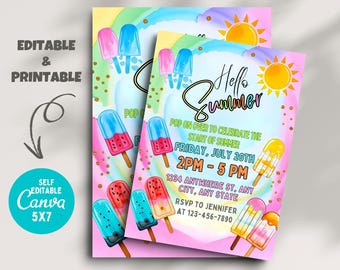 Popsicle Party Invitation: Hello Summer, End of School (5x7 Canva Template)