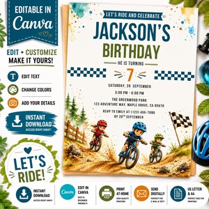May include: A birthday invitation template featuring a watercolor illustration of three children riding mountain bikes on a dirt trail. The text reads Jackson's Birthday, He Is Turning 7, with event details including date, time, location, and RSVP information.
