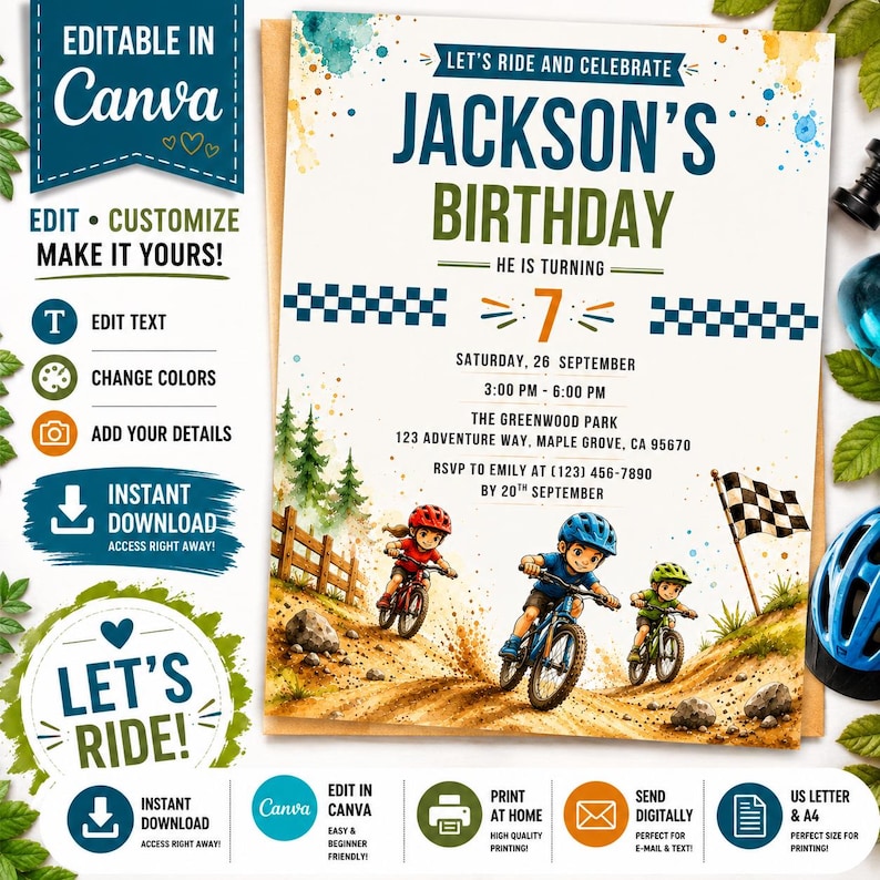 May include: A birthday invitation template featuring a watercolor illustration of three children riding mountain bikes on a dirt trail. The text reads Jackson's Birthday, He Is Turning 7, with event details including date, time, location, and RSVP information.