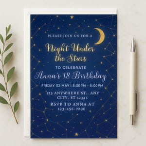 Celestial Birthday Invitation: Dark Blue & Gold Constellation Design (Editable Template, PDF Download)