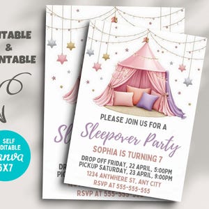 May include: A pink and purple tent with fairy lights and stars hanging above it. The text on the invitation reads "Please join us for a Sleepover Party, Sophia is turning 7. Drop off Friday, 22 April, 5:00pm. Pickup Saturday, 23 April, 9:00pm. 1234 Anywhere St, Any City. RSVP at 555-555-555."