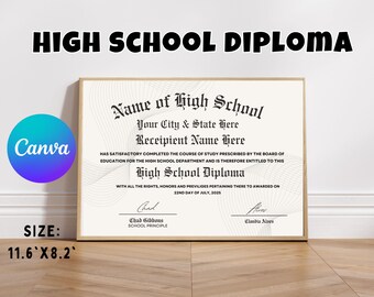 Puede incluir: Una plantilla de diploma de escuela secundaria imprimible con fondo blanco y texto negro. El texto incluye "Name of High School", "Your City & State Here", "Recipient Name Here", "High School Diploma", "Chad Gibbons School Principle" y "Claudia Alves". La plantilla mide 29,5 cm por 20,8 cm.