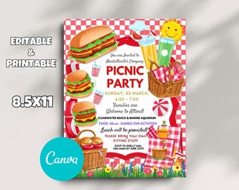May include: A red and white checked picnic party invitation with a cartoon sun, hamburgers, and a picnic basket. The text reads "You are invited to Manhattanite's Company Picnic Party, Sunday, 03 March, 6:00 - 7:00, Families are Welcome to Attend! Clearwater Beach & Marine Aquarium, Food - Music - Games - Fun Activities, Lunch will be provided! Please bring your own sitting stuff, RSVP to Shelly 666-666-6666 by June 25th."