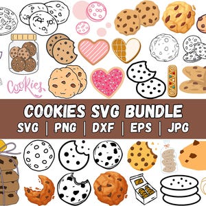 May include: A selection of cookie illustrations, featuring chocolate chip, heart-shaped, and partially eaten designs. The image includes the text "Cookies SVG Bundle" with file format options.