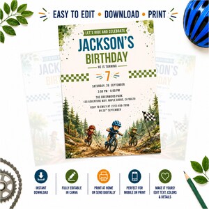 May include: A birthday invitation card featuring the text "Let's Ride and Celebrate Jackson's Birthday He Is Turning 7" with a graphic of three children riding mountain bikes on a dirt trail, a checkered flag, and forest scenery in green and blue.