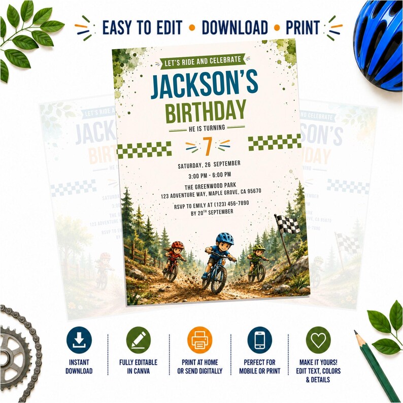 May include: A birthday invitation card featuring the text "Let's Ride and Celebrate Jackson's Birthday He Is Turning 7" with a graphic of three children riding mountain bikes on a dirt trail, a checkered flag, and forest scenery in green and blue.