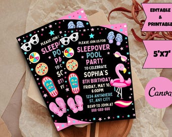 Editable Sleepover Birthday Invitation, Girl Sleepover Pajama Party Invite, Slumber Party Evite, Retro Neon Light Template, Instant Download