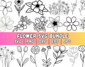 May include: A collection of black and white floral illustrations, including various flower types and arrangements. The image features the text "FLOWER SVG BUNDLE" with file format options: SVG, PNG, DXF, EPS, and JPG. The background transitions from pink to yellow.