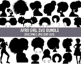 May include: A collection of black silhouette images of women with various hairstyles, including afros, buns, and ponytails. The text "AFRO GIRL SVG BUNDLE" is displayed in a banner, along with file type abbreviations.