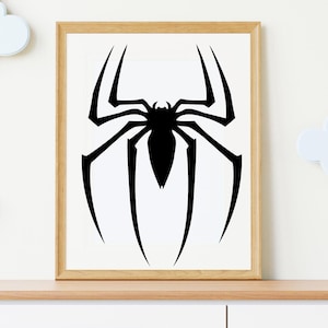 May include: Framed art print featuring a black spider silhouette on a white background. The spider design has eight legs and a detailed body. The artwork is displayed in a light brown wooden frame, suitable for wall decor.