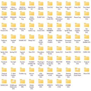 May include: A digital display of numerous yellow folder icons arranged in a grid, each labelled with text identifying various SVG design categories such as Mountain, Music Notes, Penguin, Pizza Quotes, Retro Train, Sea Animals, and Winter Quotes.