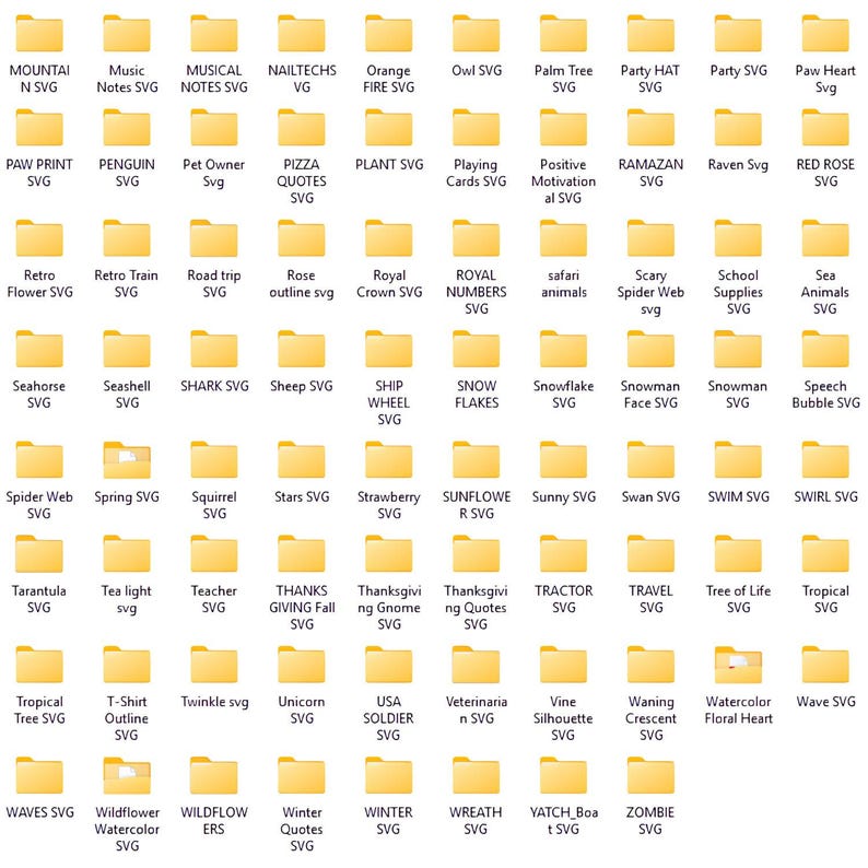 May include: A digital display of numerous yellow folder icons arranged in a grid, each labelled with text identifying various SVG design categories such as Mountain, Music Notes, Penguin, Pizza Quotes, Retro Train, Sea Animals, and Winter Quotes.