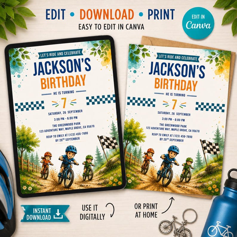 May include: A digital and printed birthday invitation template featuring a mountain biking theme with three children on bicycles, a checkered flag, and forest scenery. The text reads: Let's Ride and Celebrate Jackson's Birthday, He Is Turning 7.