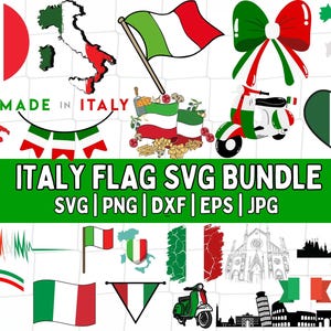Puede incluir: Un paquete de archivos SVG de bandera italiana para descargar digitalmente. El paquete incluye una variedad de diseños, incluyendo un corazón, un scooter, un lazo y un mapa de Italia. El texto "MADE IN ITALY" también está incluido en el paquete.