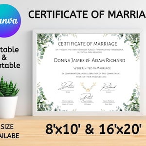 Certificat de mariage moderne imprimable, modèle de certificat de mariage modifiable, canva modifiable, modèle de certificat, téléchargement numérique