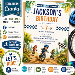 Bike Birthday Invitation Template, Bicycle Birthday Party Invite, Let's Ride Birthday, Editable Canva Template, Printable Invite image 1