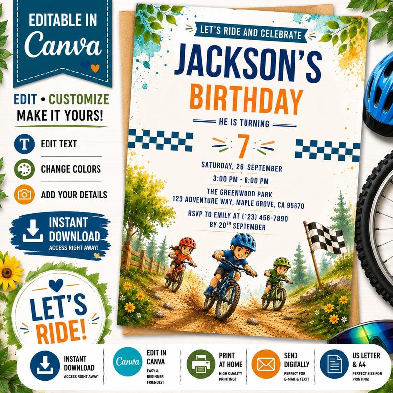 Bike Birthday Invitation Template, Bicycle Birthday Party Invite, Let's Ride Birthday, Editable Canva Template, Printable Invite image 1