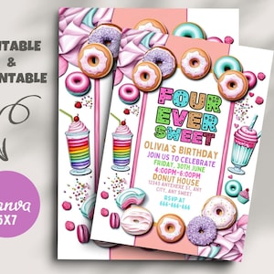 Four Ever Sweet Birthday Invitation, Candy Sweet Donut 4th Birthday Party Girl Invite, Ice cream Sweet Celebration Invite,Editable Printable