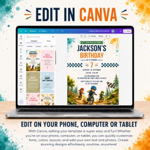 May include: A laptop screen displaying a Canva interface with a birthday invitation template featuring three children riding bicycles on a dirt path. The invitation text reads Jackson's Birthday, He Is Turning 7, and includes event details.