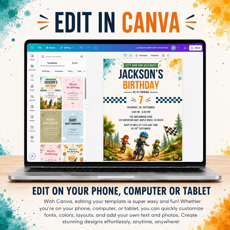 May include: A laptop screen displaying a Canva interface with a birthday invitation template featuring three children riding bicycles on a dirt path. The invitation text reads Jackson's Birthday, He Is Turning 7, and includes event details.