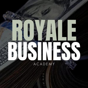 May include: Image shows a stack of US hundred dollar bills with the words "ROYALE BUSINESS ACADEMY" in large white and light green text. A diamond encrusted object is visible on top of the bills.
