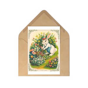 Set di cartoline vintage con conigli da giardino, graziosi biglietti di auguri floreali, decorazioni pasquali, celebrazioni primaverili, regalo di cancelleria