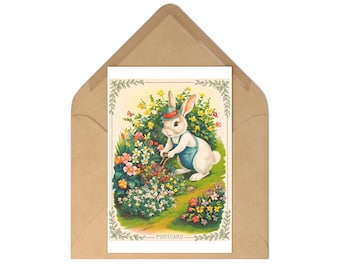 Vintage Garden Rabbit Postcards Set, Cute Floral Greeting Cards, Easter Decor, Spring Celebrations, Stationery Gift