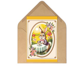 Vintage Bunny Postcards Set 7 Floral-Themed Greeting Cards