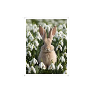 Pode incluir: Um autocolante com um coelho castanho claro de orelhas compridas, rodeado por flores brancas de campanhas-da-neve. O coelho está centrado, olhando para a frente. O fundo é um campo de flores brancas e folhas verdes.